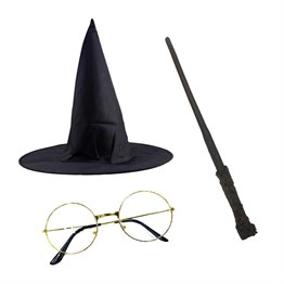 Harry Potter Gryffindor Şapka + Asa + Gözlük ( Gold ) Kostüm Seti